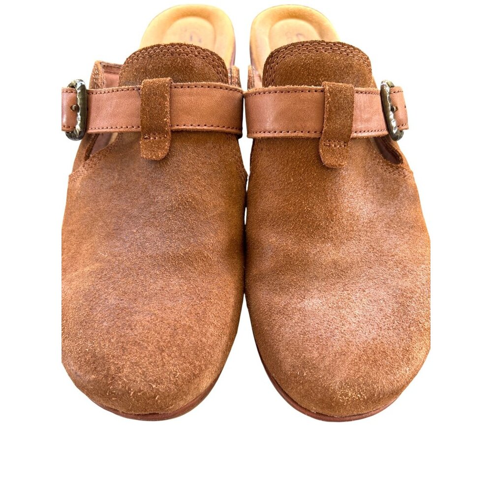 Clarks Collection Paizlee Nora Mules Clogs Size 10 Tan Wood Shoes Boho Suede - Picture 5 of 11